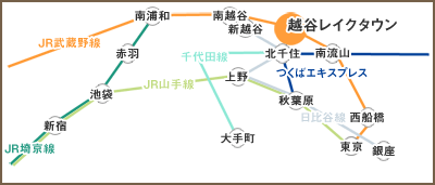 越谷レイクタウン駅までの鉄道マップ